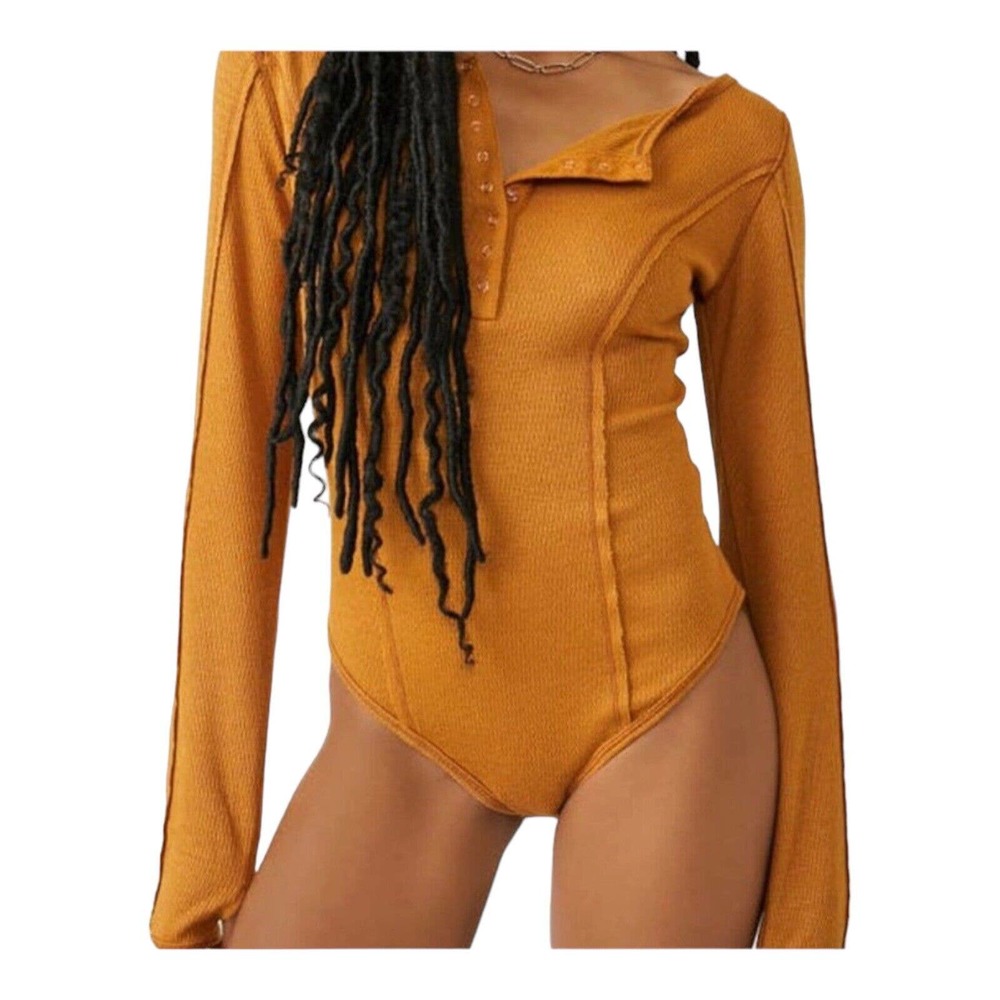 Free People Sloane Bodysuit Thermal Dark Yellow XS New - Picture 8 of 13